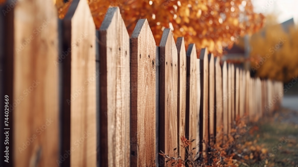 Poster a wooden fence with a tree in the background. suitable for various outdoor themes