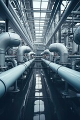 Interior view of industrial building with pipes and valves. Suitable for industrial concepts