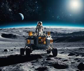Bases and spaceship on moon. Mission to Moon, astronauts are working,Exploration of the moon. Base on the lunar surface with stunning views of the starry sky and planet Earth in a halo of multicolored