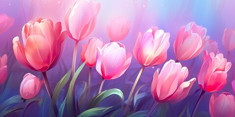 Spring tulips in watercolor style. Luxurious background for postcards, delicate flowers,