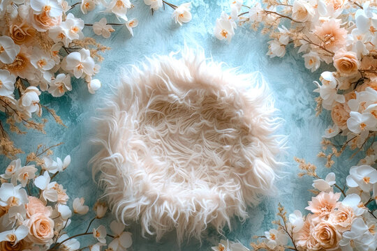 Newborn Floral digital backdrop. AI Generative. Moses basket, fur nest, featherbed, fluffy bed
Background for Montage in Newborn Photography
