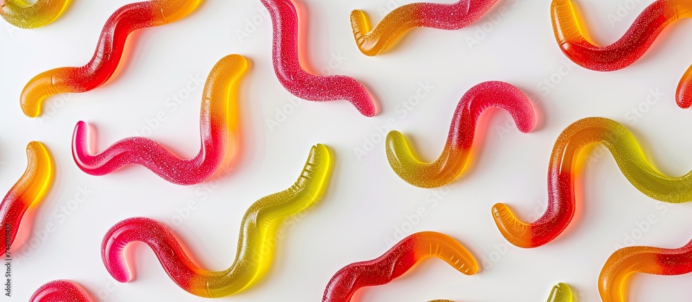 Poster this close-up photo showcases a group of candy worms, white in color and isolated on a plain backgro