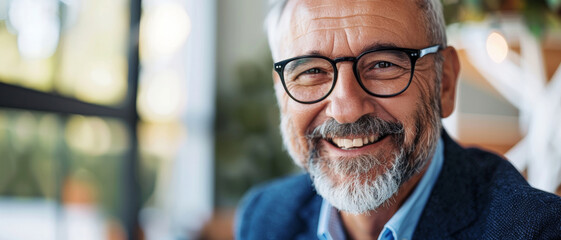 Smiling bearded senior man with glasses enjoying a cheerful moment. - obrazy, fototapety, plakaty