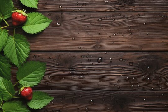 Ripe strawberries with water drops, abstract background on wooden table with bright light