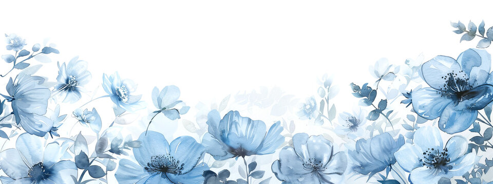 Watercolor blue spring flower frame on white background.