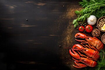 Steamed lobster with spaghetti, cherry tomatoes, fresh parsley, garlic and salt on empty blackboard