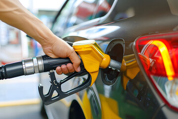 Close up of hand holding a fuel nozzle to add gasoline to the car at gas station. - obrazy, fototapety, plakaty
