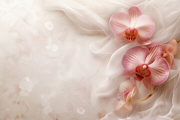 pink orchid on a light relief textured background, postcard, close-up, copy space