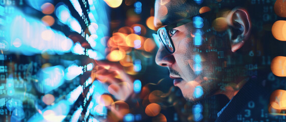 A focused man engages with dynamic digital data streams in a neon-lit tech environment.