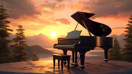 sunset piano in the outdoors. Art and musical instruments.