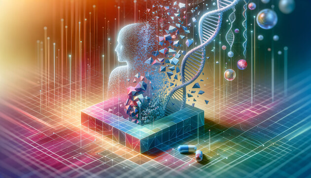 Geometric disintegration reveals intricate details of personalized medicine in vibrant composition.