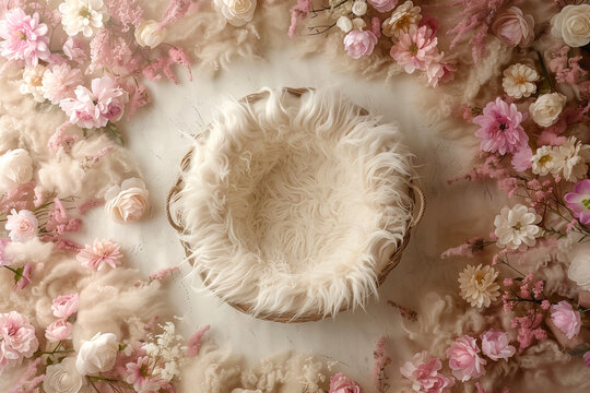 Newborn Floral digital backdrop. Moses basket, fur nest, featherbed, fluffy bed, crib. Background for Montage in Newborn Photography.