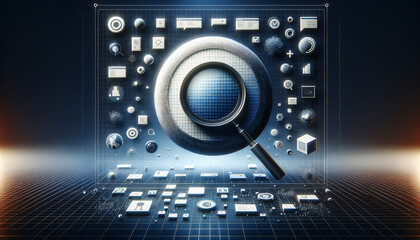 Fototapeta premium Minimalist high-tech business environment with display resolution icons.