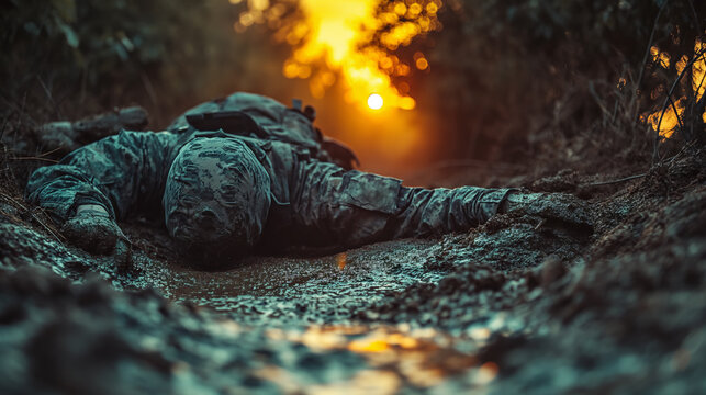 Dead soldier laying face down in the mud in front of the sunset, end of the line, fallen hero  -AI generated image 