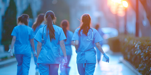 Diverse team of medical students young women in scrubs walk together on a university hospital campus.
