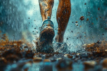 A person's feet dance in the rain, their fluid movements creating bubbles and splashes as they swim underwater - obrazy, fototapety, plakaty