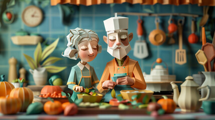 A three-dimensional animated scene featuring a A couple cooking together in a kitchen, depicted with abstract colorist touches, reminiscent of storybook illustrations  - obrazy, fototapety, plakaty