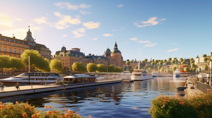 Fototapeta na wymiar Sweden's Stockholm on July 9, 2023. A beautiful morning with clear skies and water is when you'll find the Rygerfjord Hotel and Hostel boat.