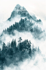 Watercolor misty forest and mountains