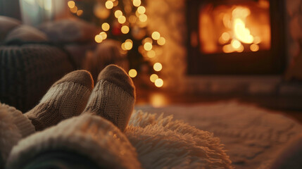 Cozy Winter Evening by the Fireplace, Feet in Warm Socks, Relaxing Holiday Atmosphere, Comfortable Home Living, Seasonal Warmth, Festive Background with Bokeh Lights