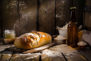 Beer bread loaf with bottle, all purpose flour and wooden background