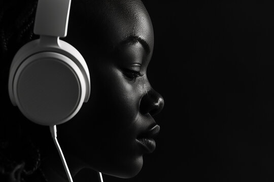 African American woman with headphones while listening music with black background