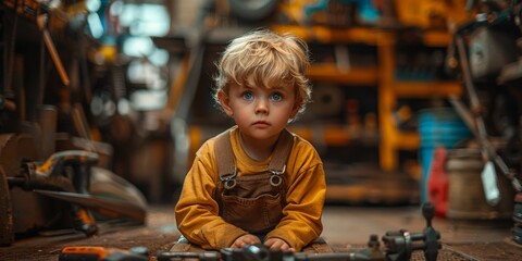A curious toddler with an innocent human face gazes up from the floor, clad in overalls and surrounded by the comfort of indoor playtime