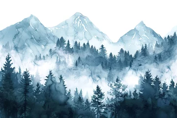 Foto op Plexiglas Watercolor misty forest and mountains © Watercolor art