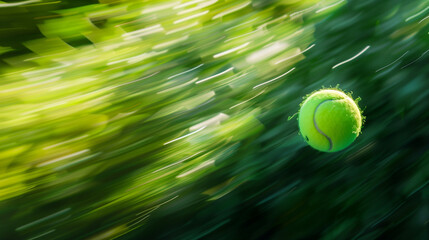 Tennis Ball in Motion, High-Speed Capture of Sports Action, Dynamic Green Background, Freeze Motion Photography, Tennis Match in Play - obrazy, fototapety, plakaty