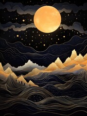 A detailed painting featuring majestic mountains under a full moon, creating a stark contrast between the dark landscape and the glowing celestial body.