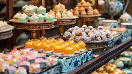 colorful counter with a variety of sweets and desserts in a boutique pastry shop that represent the cultural roots of the sweets