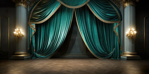 turquoise curtain stage with frames,