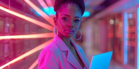 Obraz premium A woman's captivating human face adorned with vibrant magenta and violet earrings contrasts beautifully against her crisp white shirt, captured in a stunning screenshot with soft indoor lighting