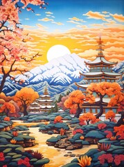 A painted scene featuring mountains towering in the background, surrounded by lush trees in the foreground, capturing the beauty of nature.