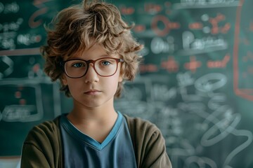 Portrait of smart schoolchild with glasses posing in math class setting. Concept Portrait Photography, School Theme, Math Class, Smart Schoolchild, Glasses