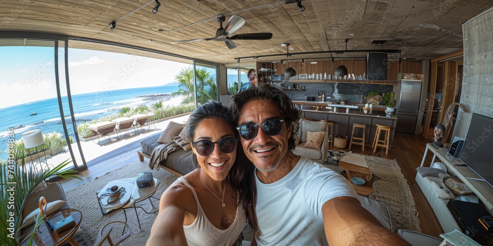 Wall mural A carefree couple captures their love and happiness in a playful selfie against the backdrop of a clear blue sky, showcasing their stylish sunglasses and beach attire while on a romantic vacation by 