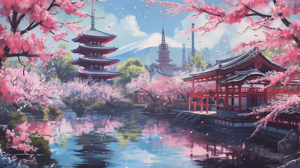 Fototapeta premium Cherry Blossom Impasto Painting, Japanese Sakura Wall Art, Textured Kyoto Art, Large Botanical Decor