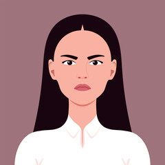 Portrait of an angry young woman. Symbolizes facial expression of an anger, gloomy and wrath. Vector illustration.