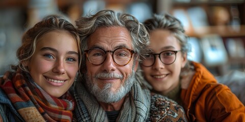 A diverse group of individuals with genuine smiles and stylish clothing come together for a portrait, showcasing their unique features such as beards, scarves, glasses, and wrinkles, all while embody