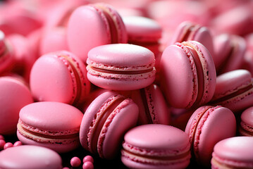 Set of many tasty macarons pink on bright background. Pattern of colorful french cookies. homemade food