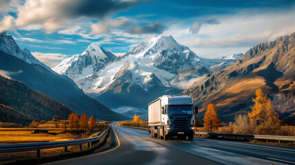 Commercial semi-truck driving on a highway with majestic snow-capped mountains and autumn trees in the background