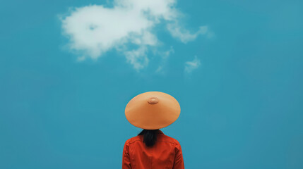 minimalistic back view of a person with a wide brimmed hat against a clear blue sky