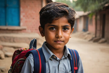 Portrait of 5 Year old boy student from Punjab Pakistan. Pakistani baby boy wearing school bag and ready to go to school. Education concept.Education in village of pakistan. Asian people from Pakistan