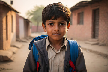 Portrait of 5 Year old boy student from Punjab Pakistan. Pakistani baby boy wearing school bag and ready to go to school. Education concept.Education in village of pakistan. Asian people from Pakistan