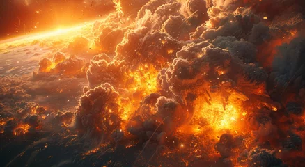 Tuinposter Donkerrood The fiery explosion of a volcano spews amber flames and billowing smoke, engulfing the natural beauty of the outdoor landscape in heat and chaos