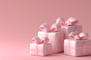 Pink background with gifts and 3D hearts for holiday cards