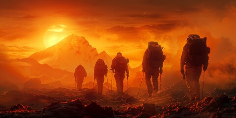 A brave team of firefighters battle the scorching heat and raging wildfire as they trek through the smoky mountain, risking their lives to contain the explosive nature of a nearby volcano - obrazy, fototapety, plakaty