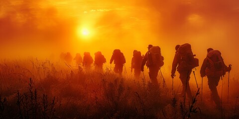 As the golden sun sets behind the foggy horizon, a group of silhouetted figures stroll through the heat of the open field, enveloped by the stunning backdrop of the sky and nature's beauty