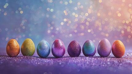 Banner colorful easter eggs on purple violet background with glitter, minimalist easter background,...