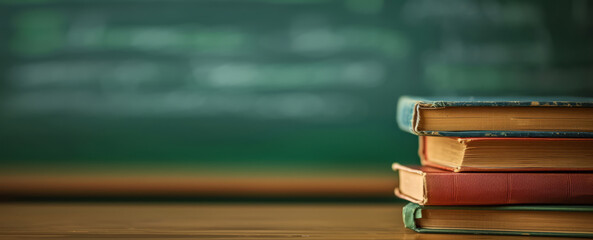 Close-up of a stack of school textbooks books on a wooden table against the background of a blurred educational chalkboard in classroom. Concept of back to school, learning, school times, banner with  - obrazy, fototapety, plakaty